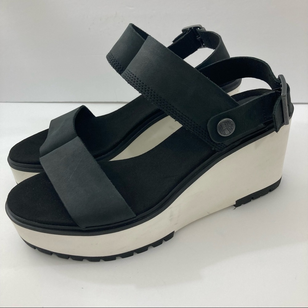 Timberland Women’s Koralyn Wedge 2 Band Black Nubuck Leather Sandals Size 10